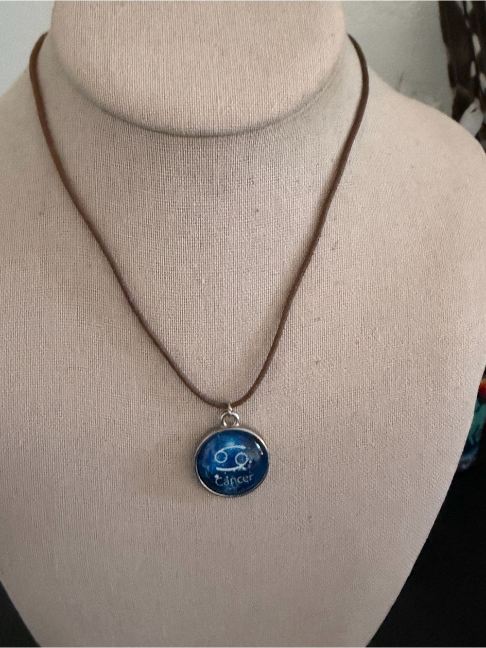 Vintage Y2K Blue Zodiac Cancer Pendant Leather Brown Cord Necklace